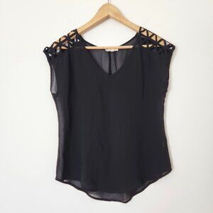 Vintage Y2K Black Sheer Blouse‎ Criss Cross Cutout Top Size Small Grunge